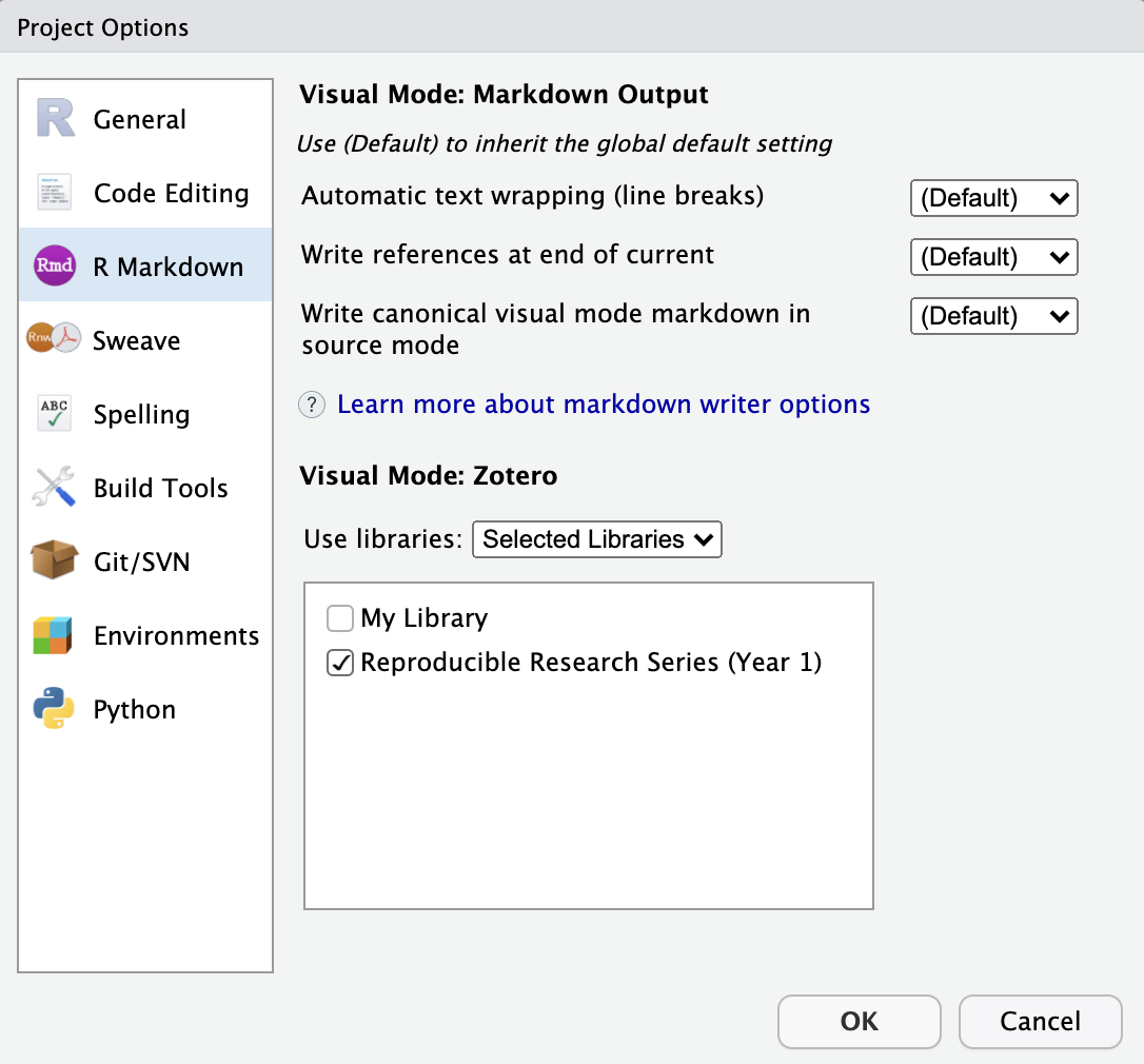 The Project Options pane in RStudio. The R Markdown section is selected. Under the 'Visual Mode: Zotero' options, there is an option labeled 'Use libraries' followed by a drop down menu with the value 'Selected Libraries' currently selected. Underneath this is a white box that lists the libraries, each with a checkbox. The 'My Library' option is unselected and the 'Reproducible Research Series (Year 1)' option is selected.