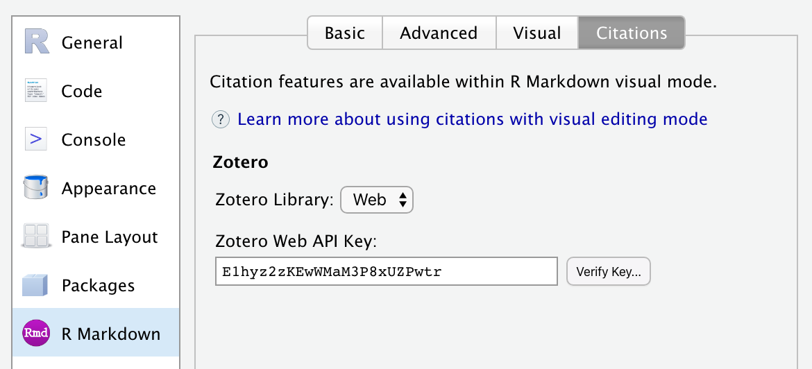 The global options menu in R Studio. The Citations subsection of the R Markdown section is selected, and there is a value pasted into the 'Zotero Web API Key' box.