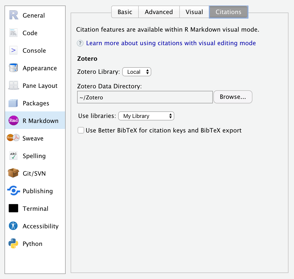 The global options window in RStudio. It is currently displaying the Citation subsection of the R Markdown section.
