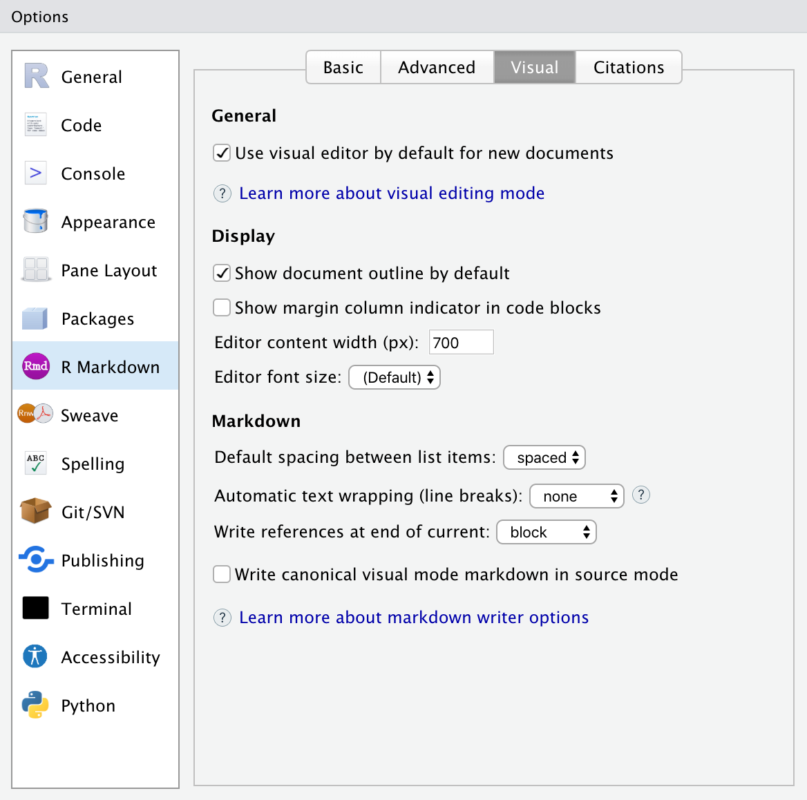 The global options window in RStudio. It is currently displaying the Visual subsection of the R Markdown section.