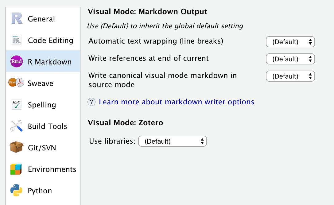 The Project Options dialog in RStudio. It is currently displaying the R Markdown section.
